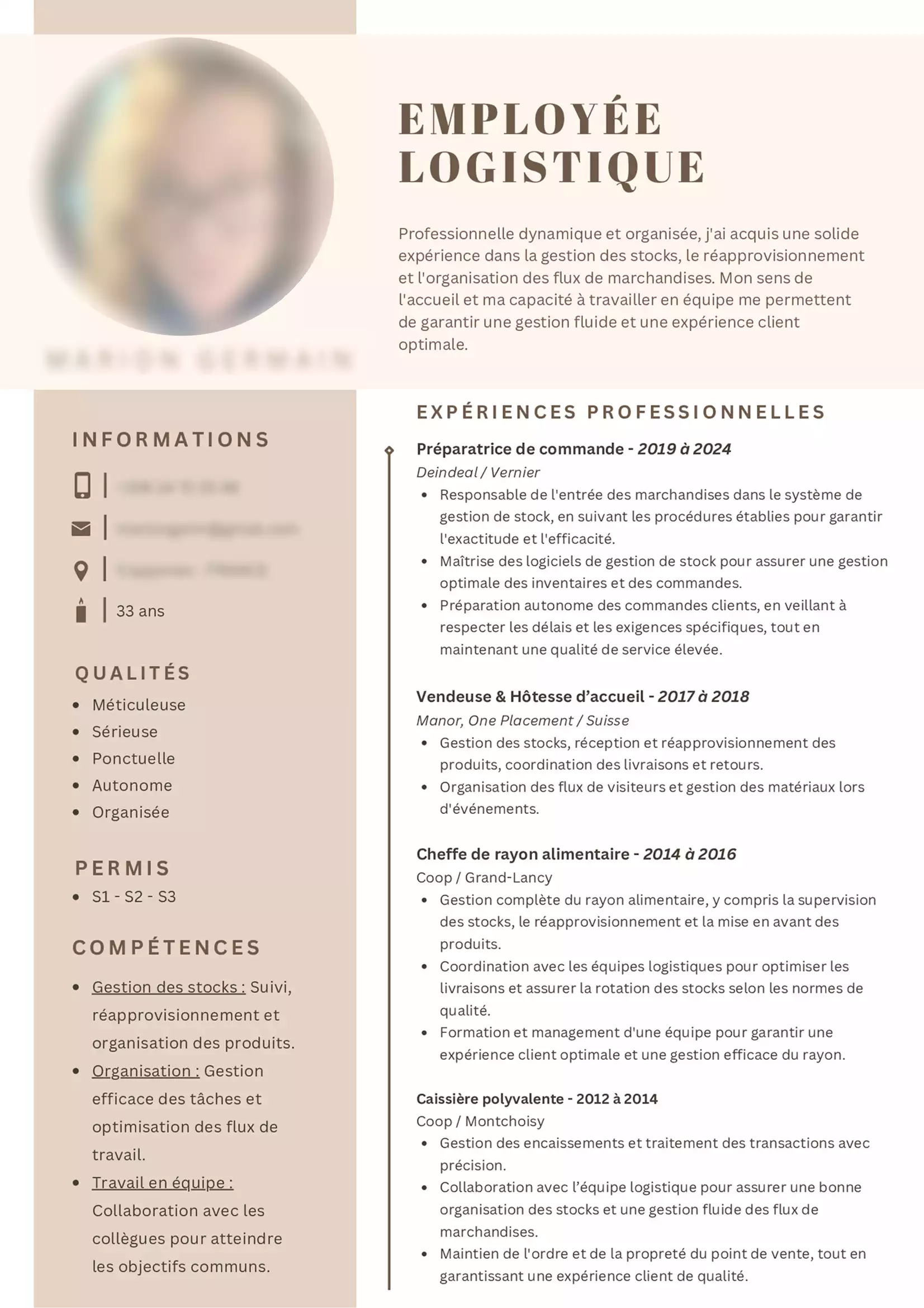 Variante du CV Suisse de Marion Germain, employée logistique, avec un design épuré et un descriptif détaillé de ses expériences.